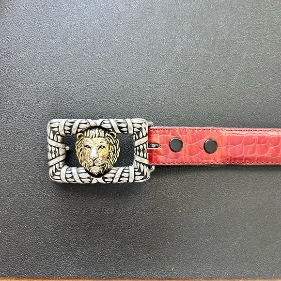 Vintage Vicenza Italian Leather Belt with Lion Buckle – Croc Embossed Brown S 32 main image 4
